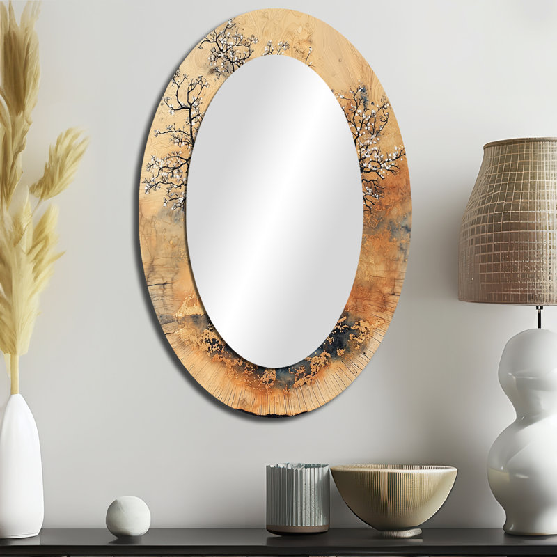 Golden Cherry Blossom Under The Sakura Sk - Floral Oval Decorative Mirror On Metal, 36" x 24"