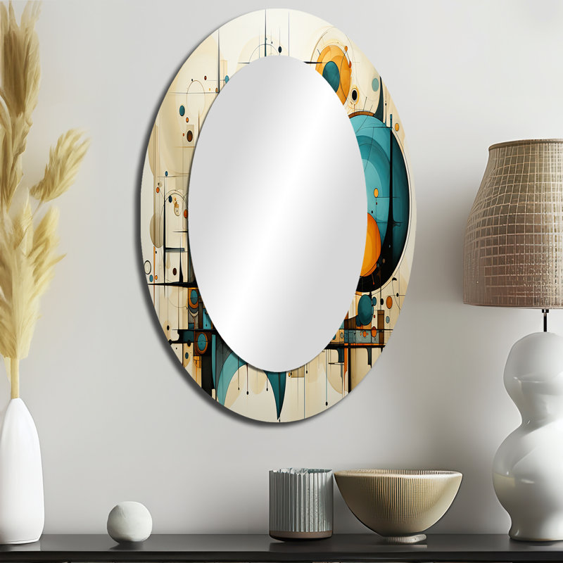 Teal Yellow Abstract Fractal Collage Melodies I - Teal Oval Wall Mirror Decor, 36" x 24"