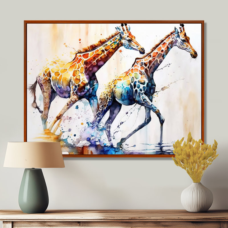 Girafes qui courent - Art sur toile girafe, H 24 po x l 32 po x P 1 po, Brown Floater Framed