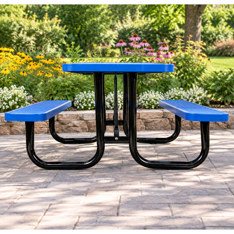 Table de pique-nique rectangulaire en acier de 6 pieds avec trou pour parasol, bleu