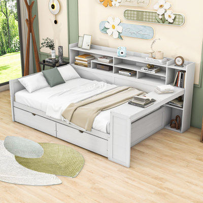 Wood Daybed with Drawers, Desk and Shelves