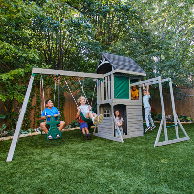 River Canyon Wooden Swing Set with Slide, Café Area and Monkey Bars - Pearl