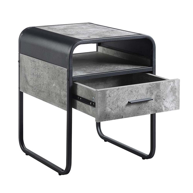 Table de bout en métal avec un tiroir, gris béton et noir
