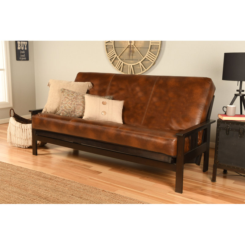 Stratford Full 79" Futon Frame and Mattress, Dark Orange Faux Leather, Espresso
