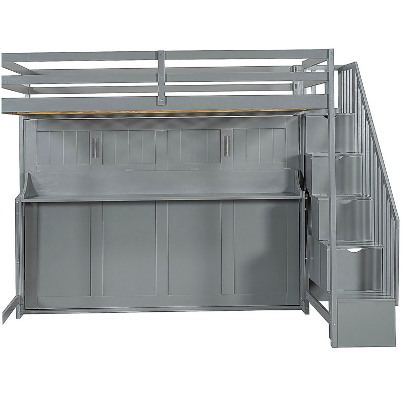 Lit escamotable double avec levage hydraulique et conception de bureau, en gris, Gris