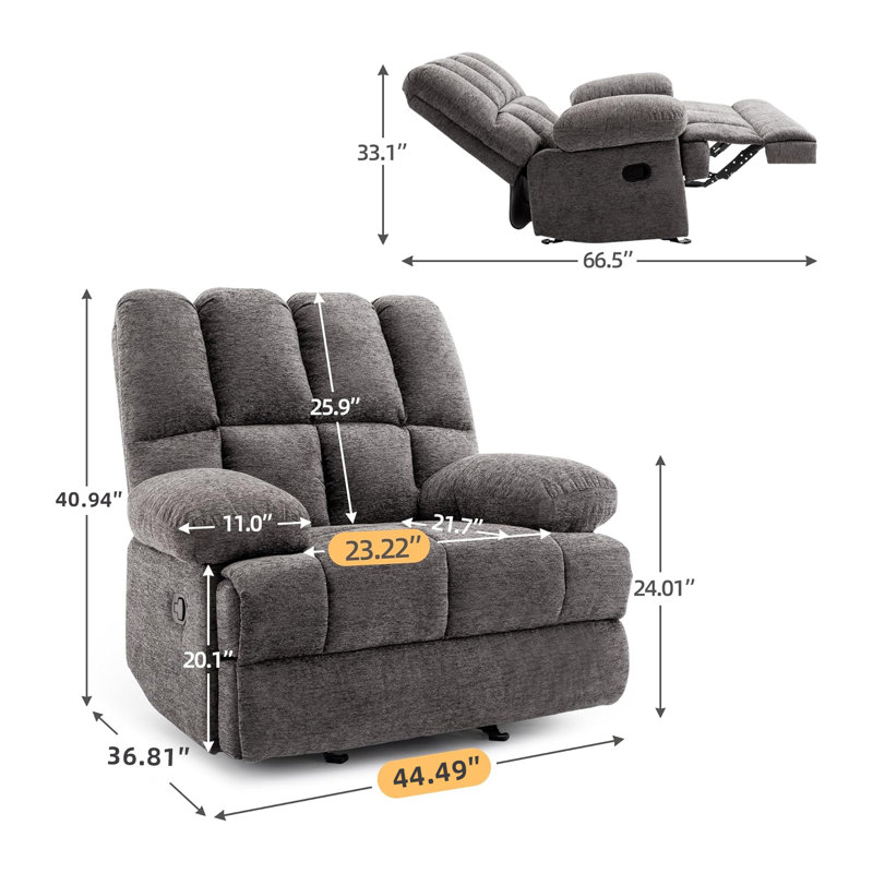 Oversized 44.5"W Upholstered Manual Rocking Recliner, 41.33" H x 44.48" W x 29.92" D, Dark Gray Chenille