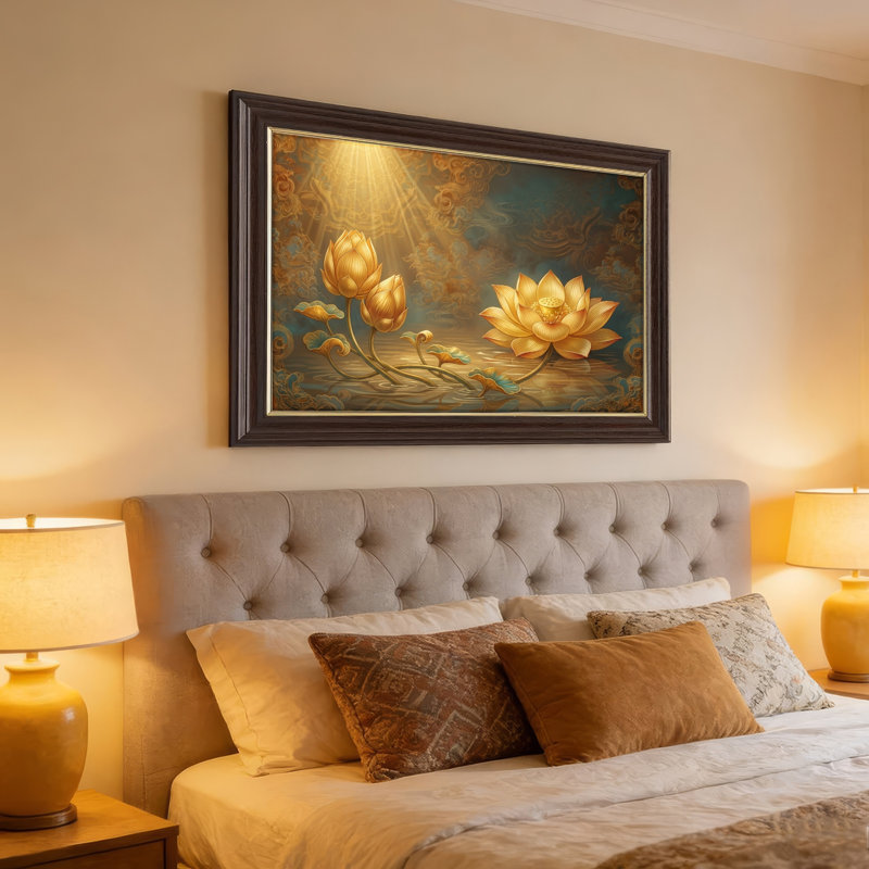 Art mural antique sur toile encadré doré pour le salon, la chambre à coucher, le bureau ou le vestibule - décoration murale décorative avec lotus doré