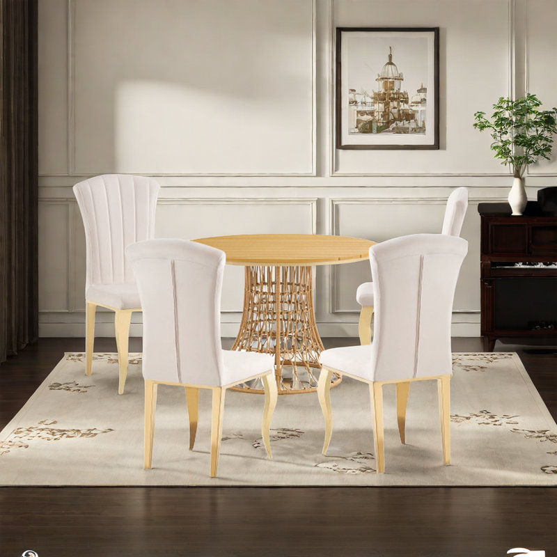 4 chaises de salle à manger de style moderne blanc et une table de salle à manger en rotin
