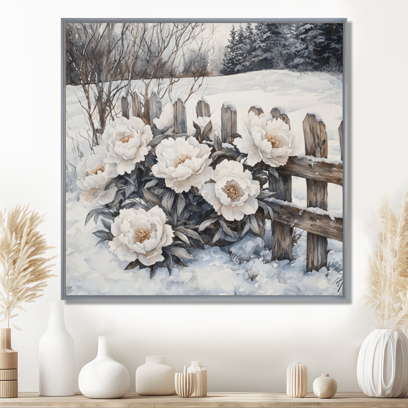Pivoines d'hiver par la clôture enneigée I - Art mural floral, Impression encadrée flottante sans passe-partout