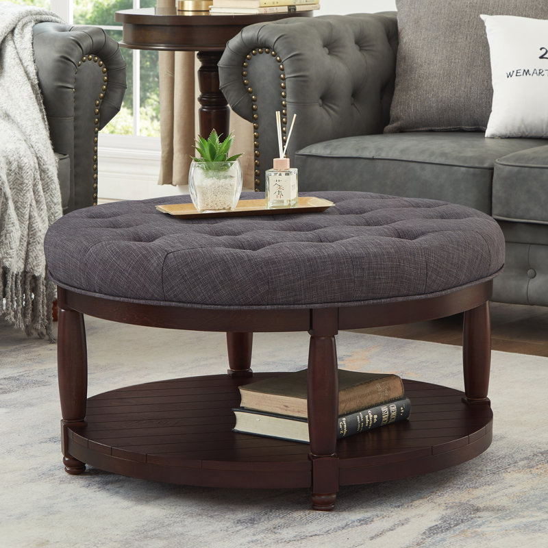 Grande table basse ronde avec repose-pieds rembourré en lin capitonné, grand repose-pieds avec rangement en bois, gris foncé