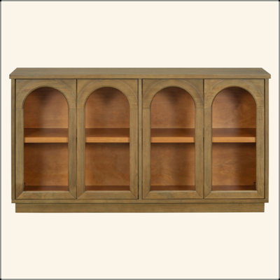 4-Door Large Storage Buffet Cabinet With Glass Doors, Arched Cabinet With Adjustable Shelves For Kitchen, Dining Room And Living Room