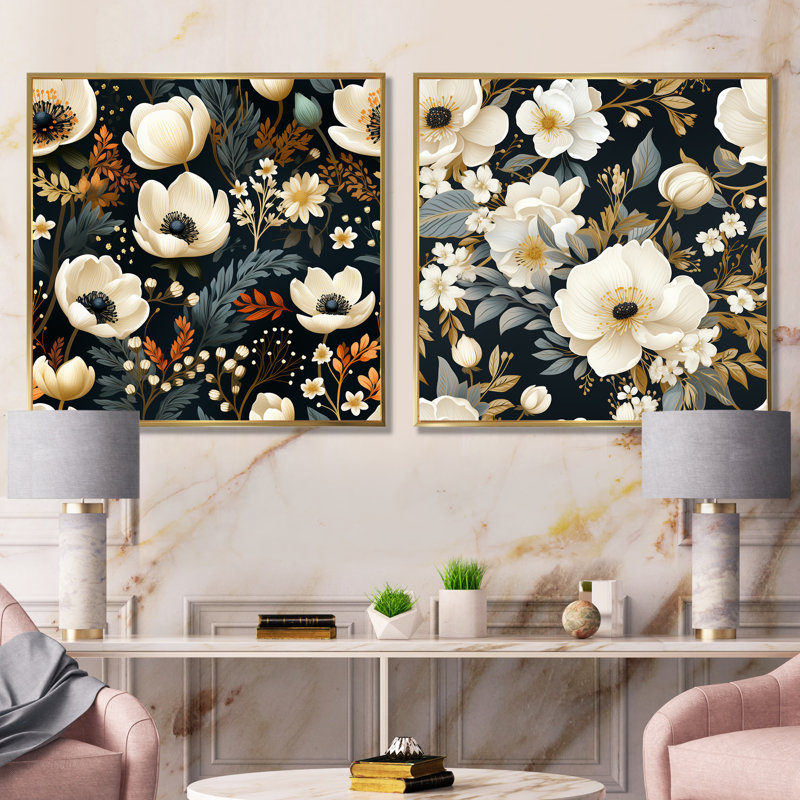 Enes - ensemble de 2 impressions murales florales, Encadrement doré, H 30 po x l 61 po x P 1 po