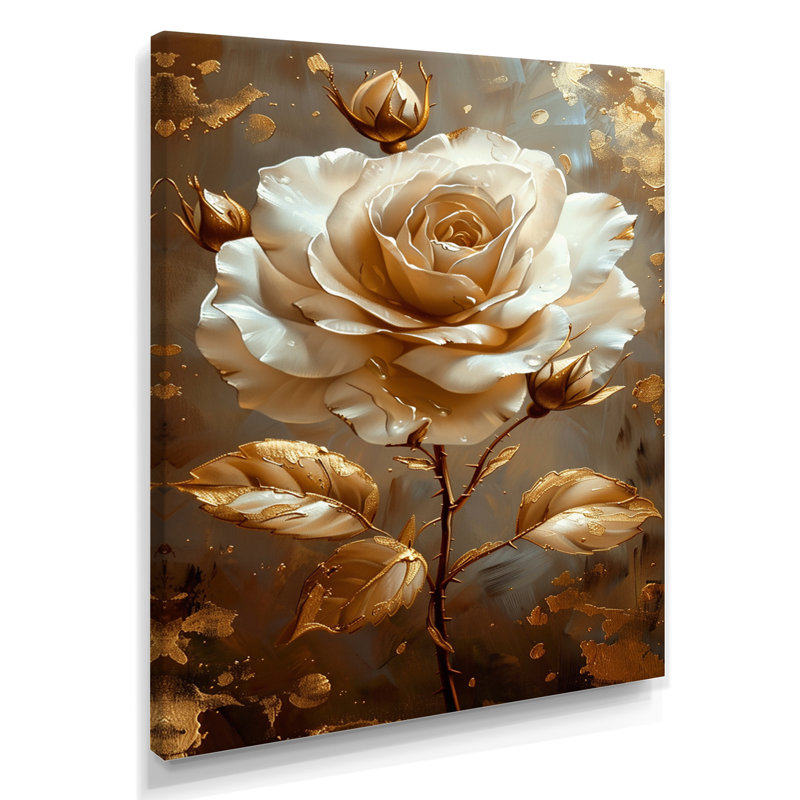 Or blanc doré doré feuilles dorées - rose, art mural, H 32 po x l 24 po x P 1 po, Toile tendue