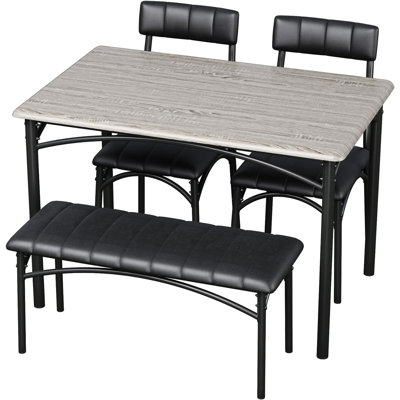 Dining Table Set for 4, Rectangular Wooden Table with Steel Frame, 2 Upholstered Chairs & Bench, Industrial Retro Style Compact Kitchen Dining Furnitu