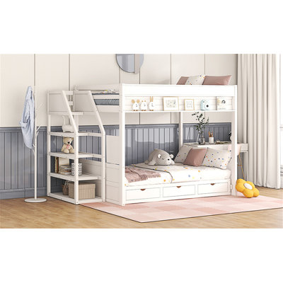 Lit superposé convertible Joycee avec escalier de rangement, table de chevet et 3 tiroirs
