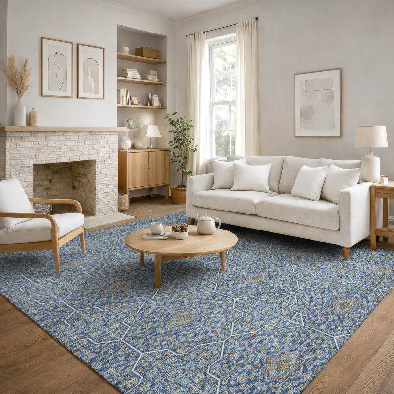 Premium Machine Washable Mayfield AMF2409 Oriental Rug, Navy, 9' x 12'