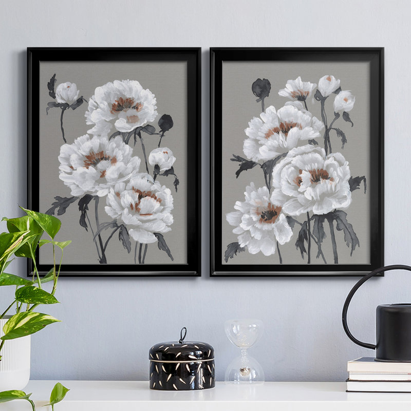 «Peony Profusion I», ensemble de 2 impressions sur toile encadrées, Cadre noir, H 30,5 po x l 22,5 po x P 1,25 po