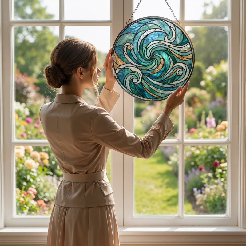 Panneau de vitrail Swirling Waves ， 7,8H, 7.8"H
