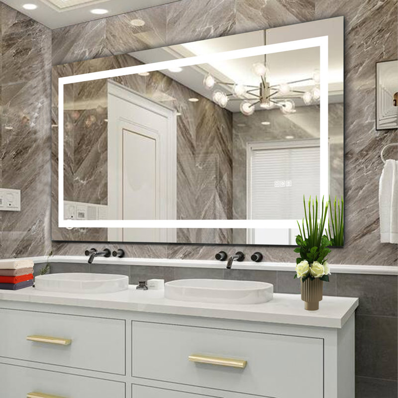 Miroir de salle de bain 60 po x 32 po à DEL avec antibuée et capteur tactile - Miroir mural moderne sans cadre pour meuble-lavabo, salle de douche ou vestiaire