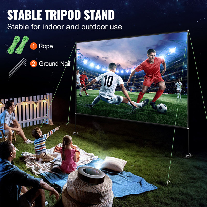 Écran de projection avec support Écran de cinéma portable 150 pouces 16: 9 4K HD Support de projecteur d'extérieur à grand angle Assemblage facile avec sac de rangement pour le cinéma maison