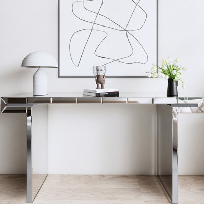 Table console miroir de 152 cm (60 pouces), style artistique, forme triangulaire, rangement ouvert, fixation au sol, emballage renforcé de luxe - Miroir en verre trempé cannelé sur toute la surface, assemblage en 2 parties, finition main