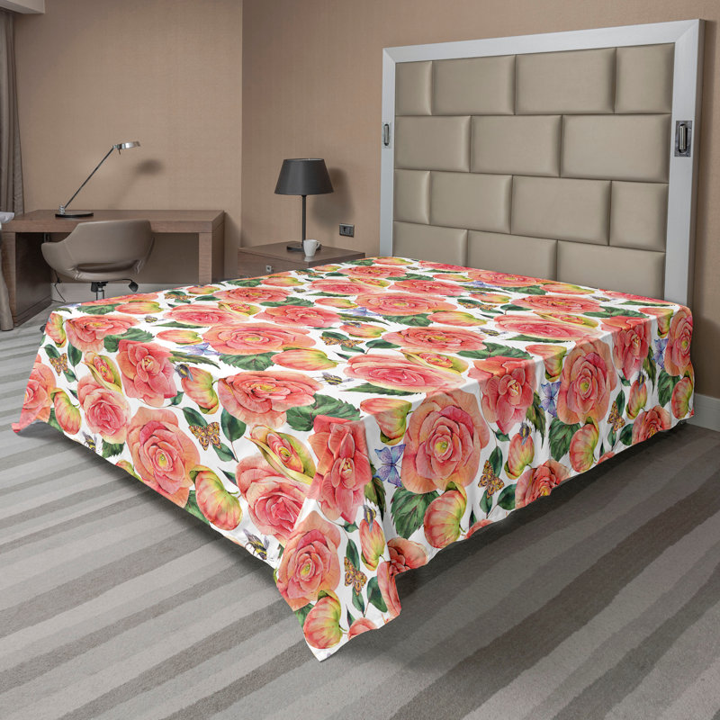 Ambesonne Flowers Flat Sheet Nostalgia Farmhouse, Salmon Green Off White
