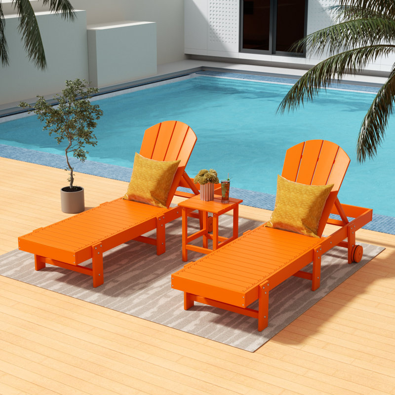 Laguna 77.6" Long Outdoor All-Weather Poly Reclining Chaise Lounge Set, Orange