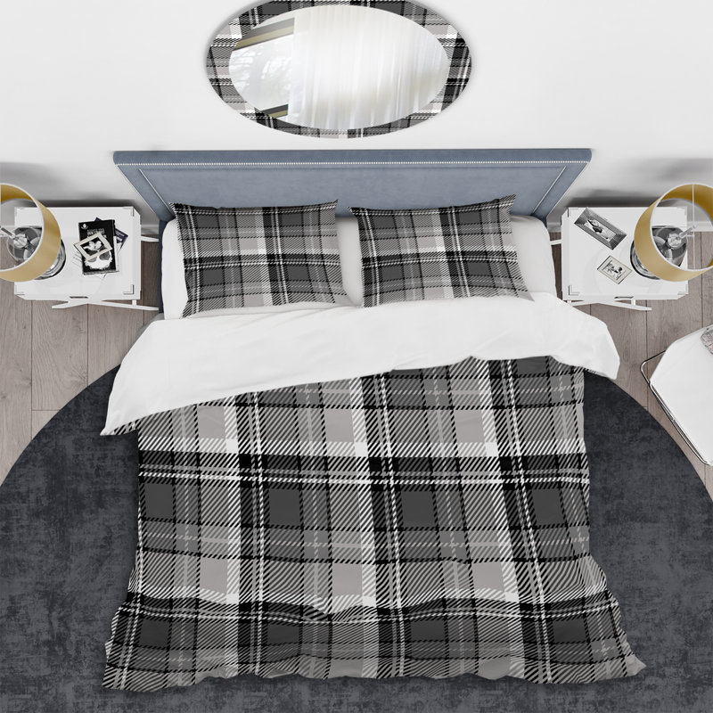 Housse de couette - Tartan à carreaux blanc et noir, Housse de couette pour grand lit et 2 taies décor