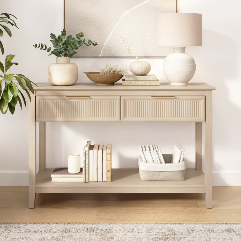 Narrow Console Table with Drawers and Shelf, Fluted Design, Modern Wood, Natural Birch, Natural Wood