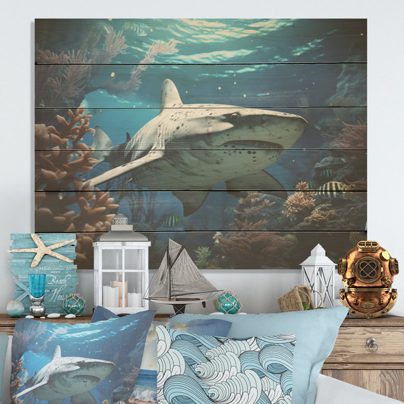 Coral Sharks Ballet - Coastal Coral Under Water Wood Wall Art On Natural Pine Wood, 10" H x 20" W