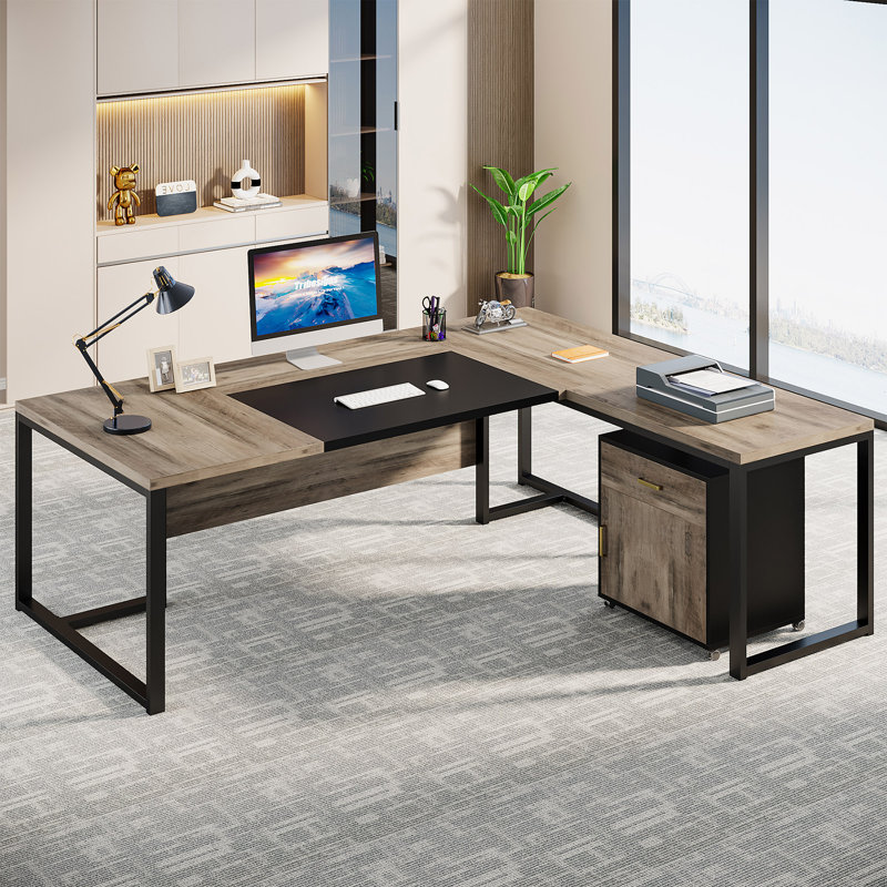 71'' Corner Desk with File Cabinet, Large L Shaped Desk with Mobile Filing Cabinet for Home Office, Gray/Black