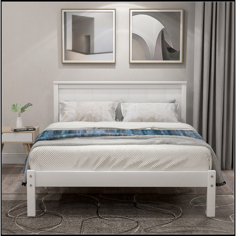 Platform Bed Frame With Headboard, Wood Slat Support, No Box Spring Needed, White, Twin