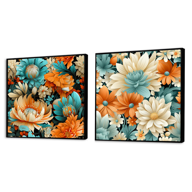 Ashfield - Ensemble de 2 collages carrés floraux, Cadre flottant noir, H 36 po x l 73 po