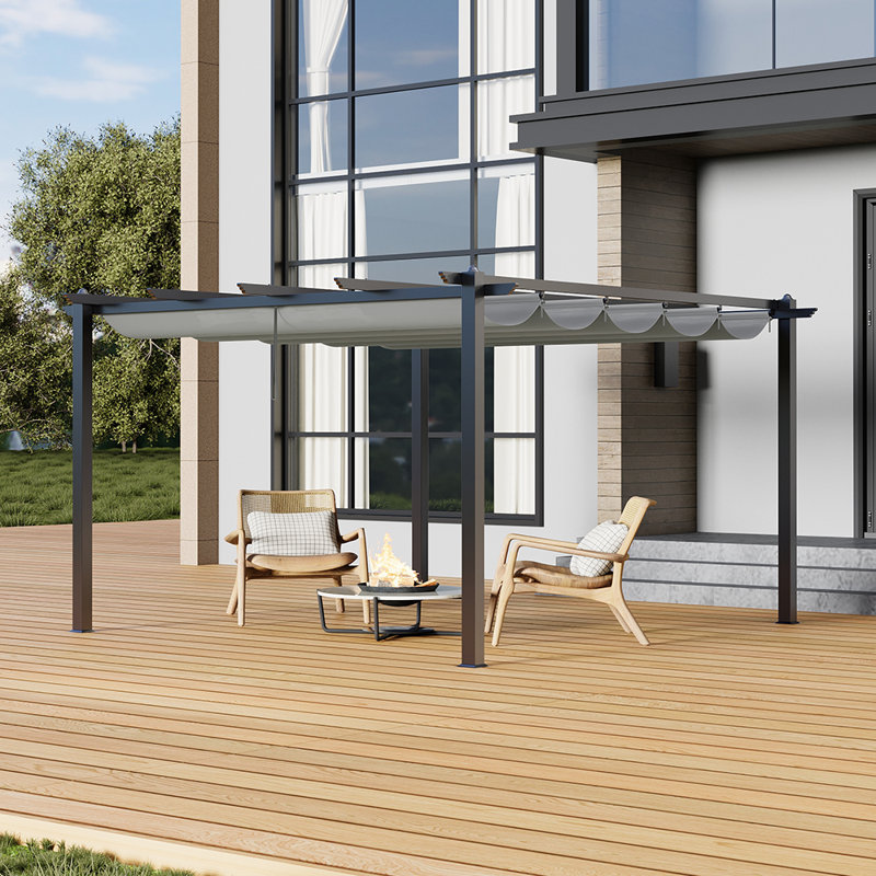 13ft Aluminium Pergola with Retractable Roof, Black, 228cm x 400cm x 400cm