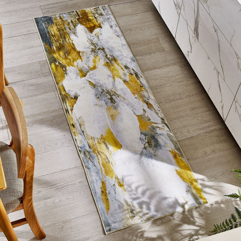 Katon Abstract Non-Slip Machine Washable Area Rug in Yellow/White/Grey for Living Room, Bedroom, Hallway Runner Indoor Rugs