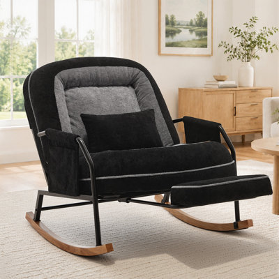 Fauteuil à bascule surdimensionné pour chambre d'enfant avec repose-pieds rétractable, revêtement en fausse fourrure douce, dossier réglable à 4 positions, coussin lombaire et poche latérale