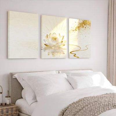 Golden Lotus Flower Abstract Canvas Wrapped Wall Art (Set of 3) – Elegant Modern Home Decor for Living Room, Bedroom, or Office