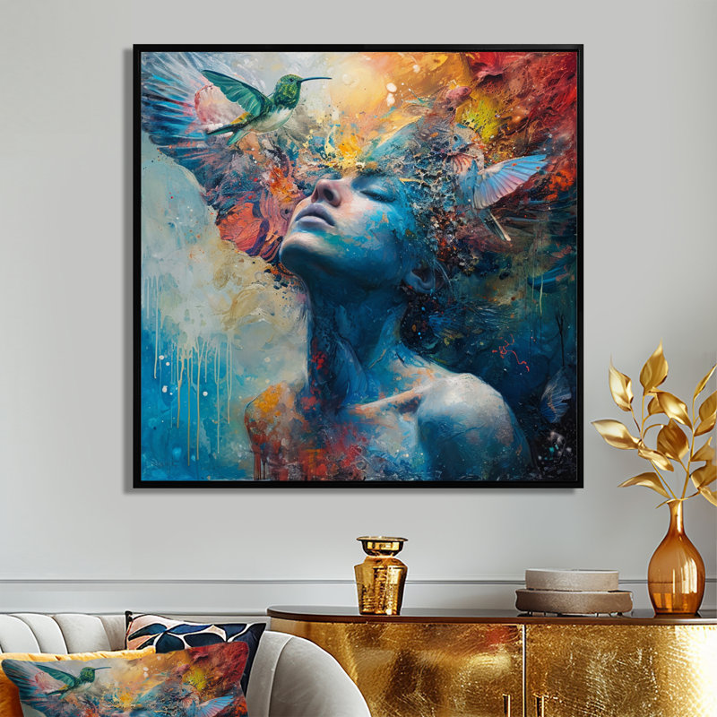 «Blue Goddess With Kolibri - Modern Woman», art mural, Toile tendue, H 16 po x l 16 po