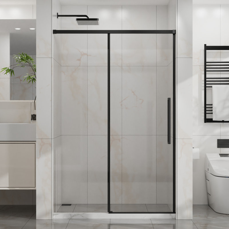 6Mm Tempered Glass Semi- Modern Shower Door, Matte Black Stainless Steel Hardware, Adjustable Width, Reversible Left Or Right, Splash Seal, Quiet Slide For Bathroom 48" W X 72" H 1/4"  6Mm  Thick