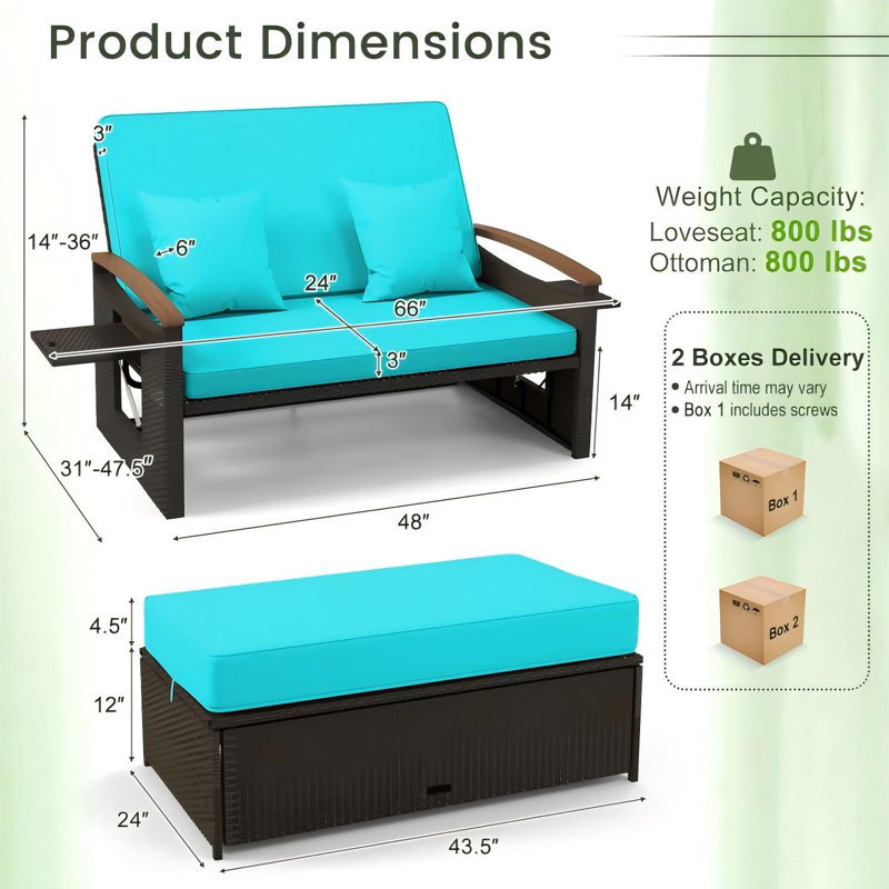 Patio Rattan Daybed Set w/ Cushioned Loveseat & Storage Ottoman, Blue