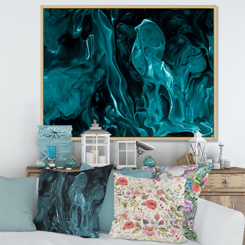 «Turquoise Creative Abstract Dark I», peinture sur toile, Cadre flottant érable, H 12 po x l 20 po