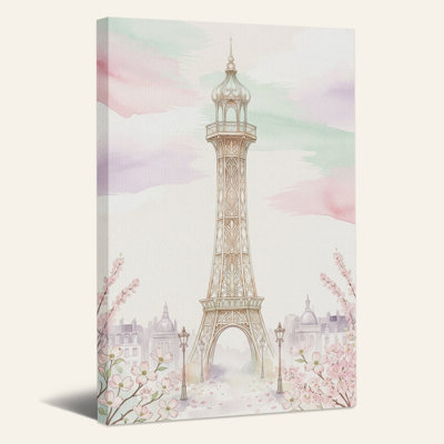 Tableau sur toile représentant une tour ornée de fleurs roses dans des nuages ​​pastel