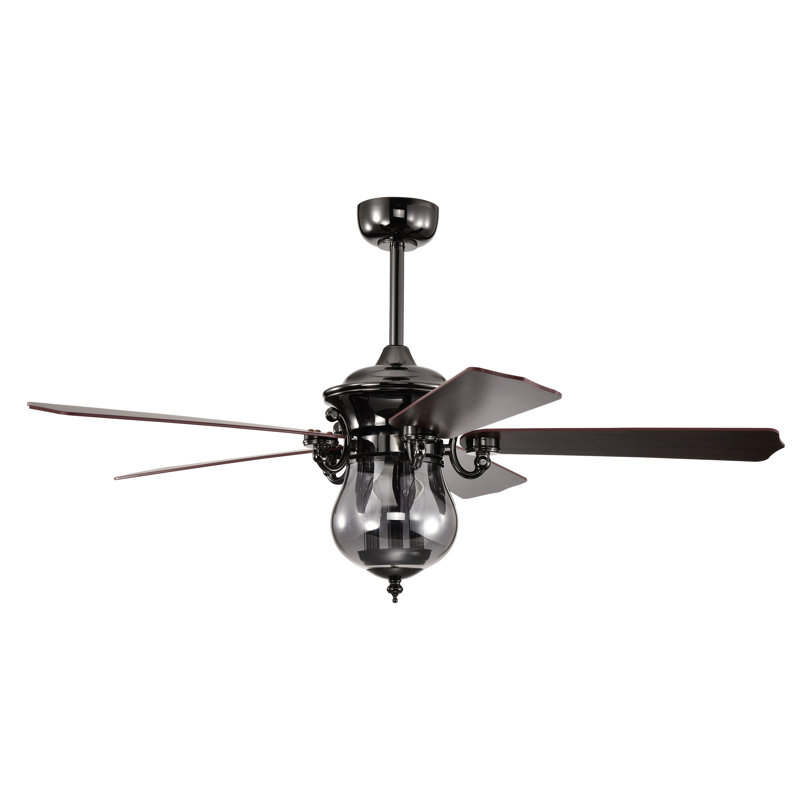 Thermalito Dark Pear Black Satin Gray 5-Blade 3-Light Lighted Ceilng Fan Smoked Glass Lamp Chandelier Includes Remote Control