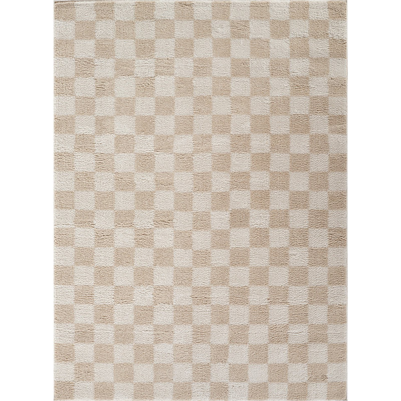 Beige Modern Shaggy Washable Rug, Chequered Anti-Slip Rug For Living Room, Dining Room, Bedroom, Kitchen