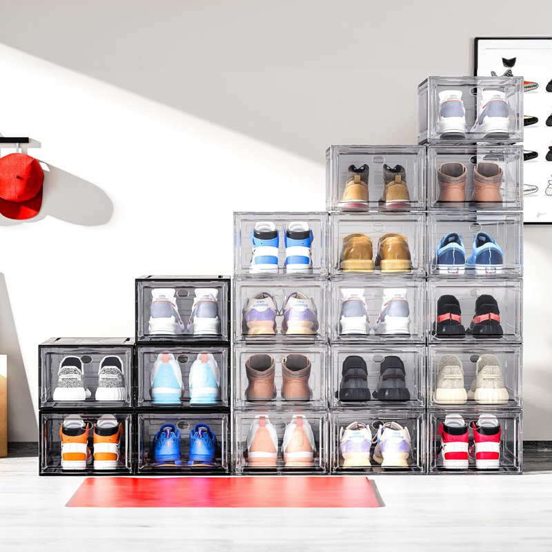 Shoe Storage Box, 6 Pcs Shoe Storage Plastic Stackable, Clear Shoe Box, Foldable Shoe Storage Organiser. Sneaker Display Case, Shoe Box With Magnetic Door