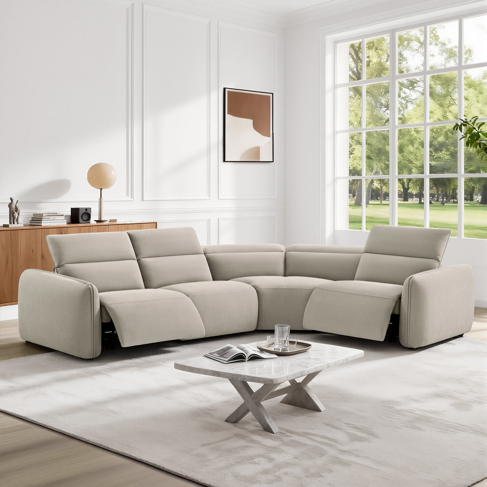 Bayne Upholstered Recliner Sectional, Elite Sand Chenille
