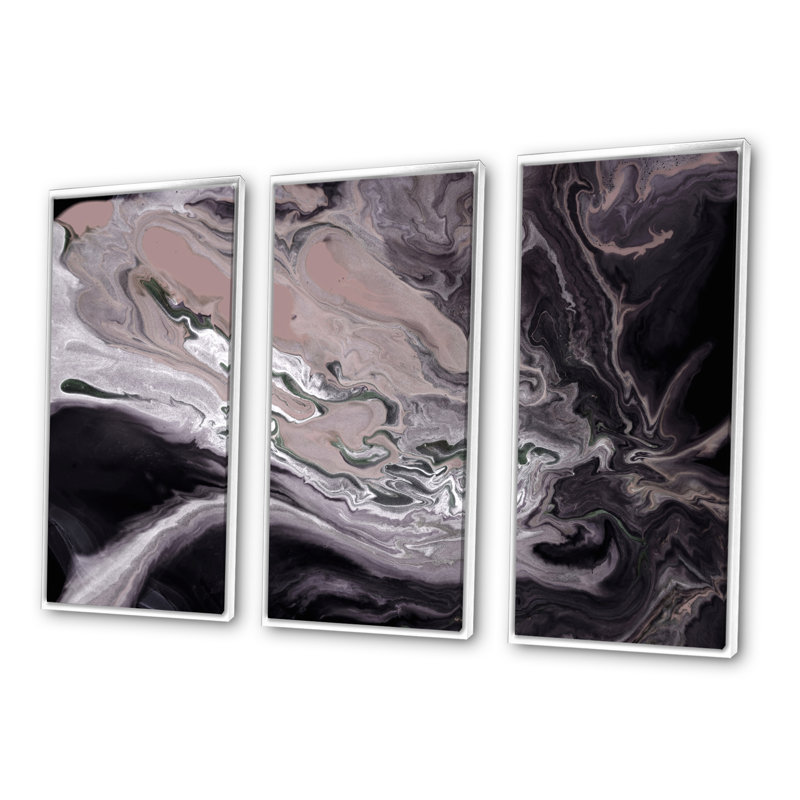 «Dark Marble Universe» avec méandre gris - 3 pièces, reproduction sur cadre flottant sur toile, H 20 po x l 36 po x P 1 po