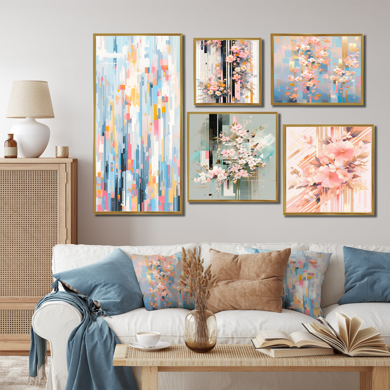 Fleurs de cerisier modernes roses "Bold Stripes I" - ensemble d'art mural sur toile cerise de 5, Cadre flottant doré