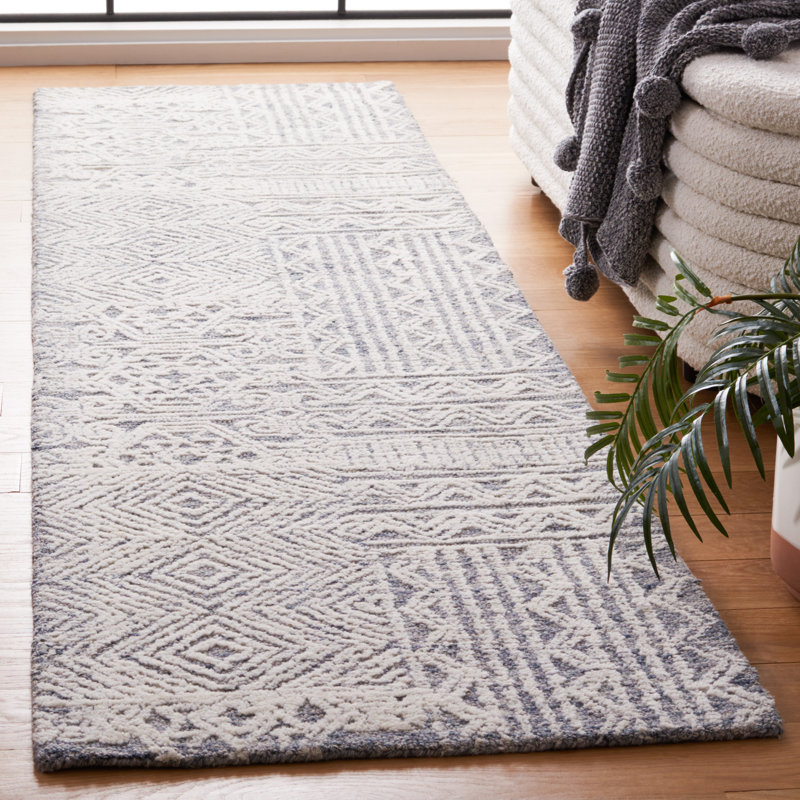 Tapis gris / ivoire en laine touffetée à la main Amzi, Tapis de couloir 2 pi 3 po x 9 pi