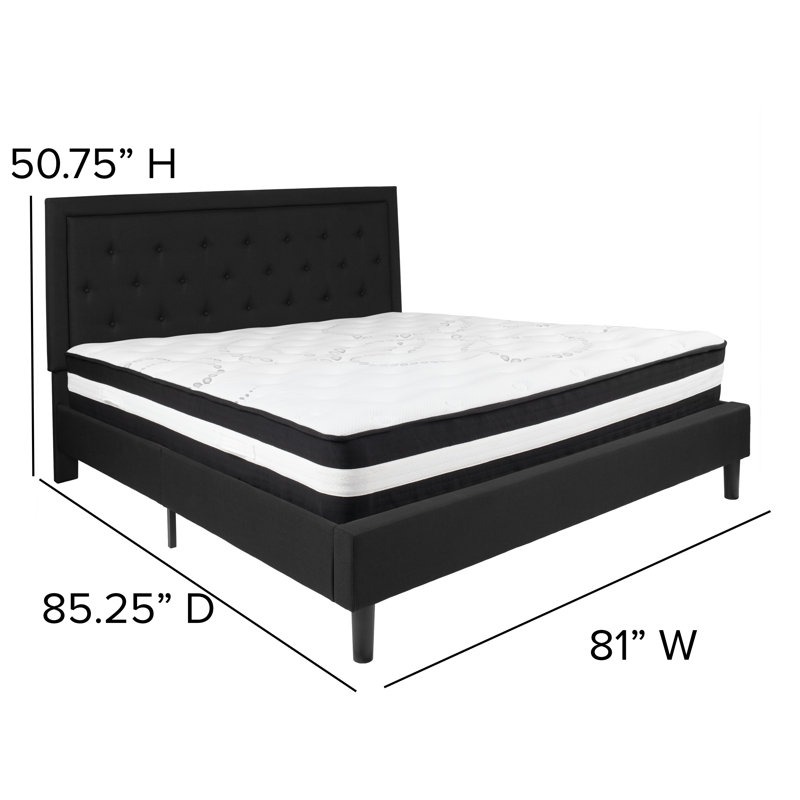 Aluino Panel Tufted Upholstered Platform Bed and Pocket Spring Mattress, Black, King